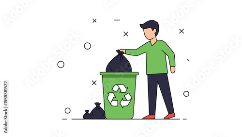 Person putting a black trash bag into a green recycling bin to promote waste management and environmental protection.