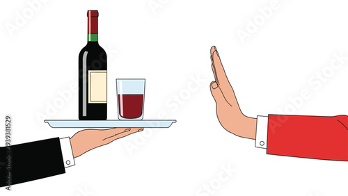 Person refusing alcohol by making a stop gesture with their hand to a waiter holding a tray with a bottle of wine.