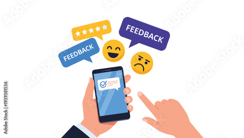 Mobile application feedback concept showing a smartphone with customer reviews and emoticons for user experience.
