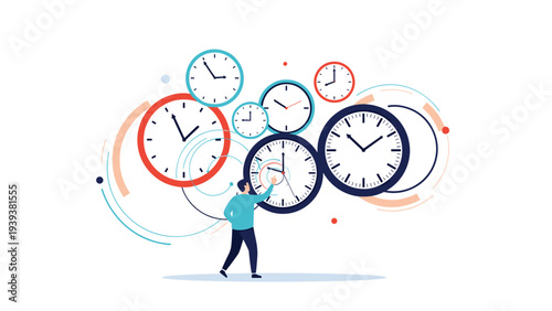 Time management concept with a person trying to manage and organize many different clocks for daily productivity.