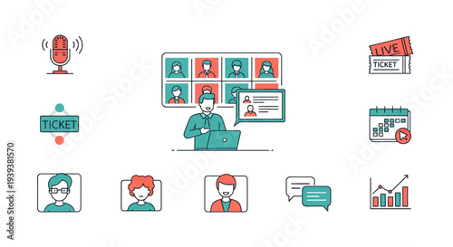 Set of icons representing online meetings, video conferencing, and virtual event management.