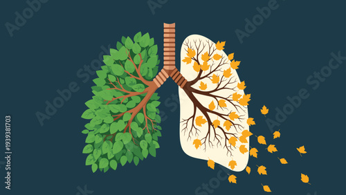 Human lungs represented as trees with one side green and healthy and the other side dying with falling leaves.