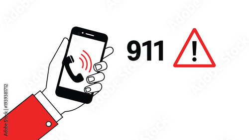 Hand holding a mobile phone dialing 911 for emergency help with a red warning triangle for immediate assistance.