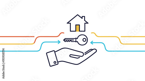 Hand holding a house key with a home icon and digital connections for modern smart home security and automation.