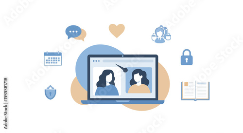 Online dating or social networking concept with two women profiles on a laptop screen surrounded by communication, security, and scheduling icons.