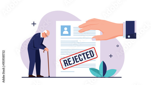 Job application of an elderly person stamped with rejected to symbolize age discrimination and social inequality.