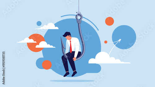 Businessman sitting on a giant fish hook in the sky symbolizing entrapment or being caught in a difficult situation.