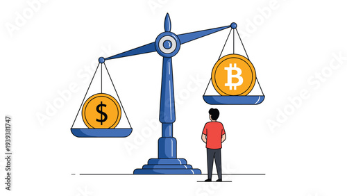 Man observing a balance scale comparing traditional dollar coin with a bitcoin symbol represents crypto vs fiat currency.