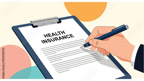 Person holding a pen signs a health insurance policy document on a clipboard for medical coverage and financial security.