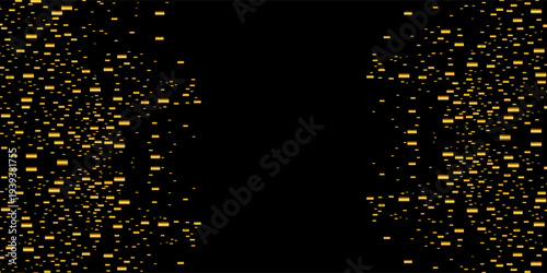 Gold glitter texture on a black background. Holiday background. Golden explosion of confetti. Golden grainy abstract texture on a black background. Design element