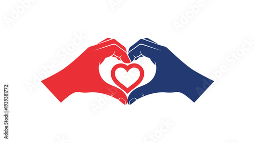 Red and blue hands join together to form a heart shape with a smaller red heart in the center symbolizing love and care.