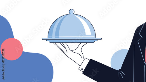 Professional hand wearing a suit sleeve holds up a silver serving cloche on a platter against a stylized background.