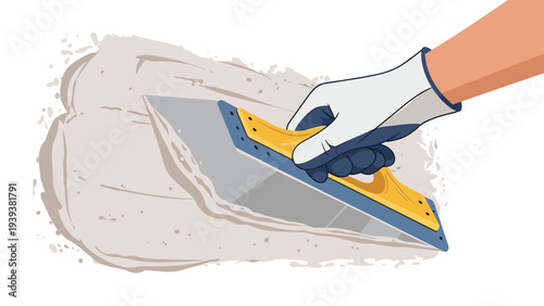 Construction worker using a metal trowel applies a smooth layer of white plaster or cement onto a wall surface during renovation.