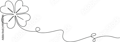 Sparkling four leaf clover with a delicate swirling vine on a white background