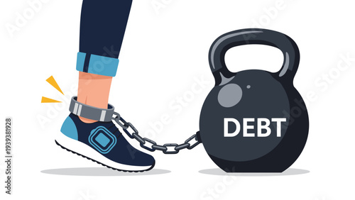 Person with their leg chained to a heavy black kettlebell weight labeled debt representing financial burden and bankruptcy.