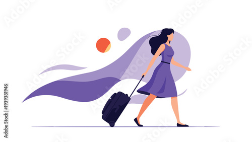Elegant woman in a purple dress walking quickly while pulling a black suitcase for travel, vacation, or a business trip.