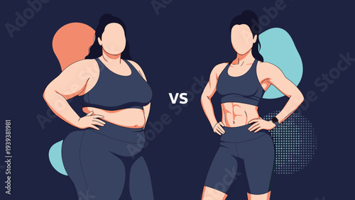 Fitness comparison showing an overweight woman next to an athletic woman with toned muscles representing a body transformation.