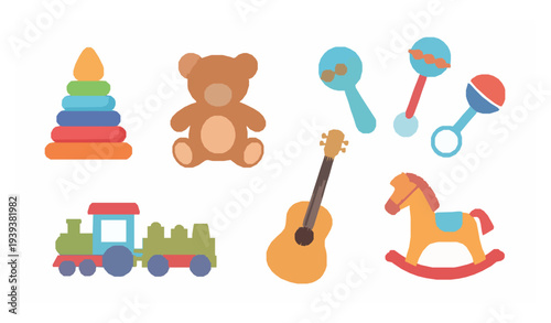 Cartoon baby toys vector set stacking rings bear rattles train