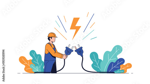 Electrical technician in uniform connecting two large power plugs with a lightning bolt symbol representing energy and power.