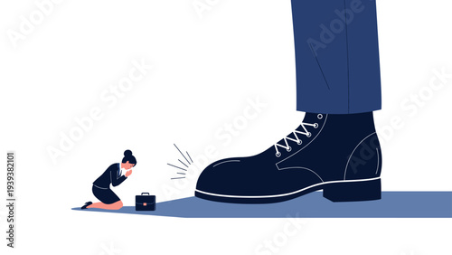 Tiny businesswoman kneeling and pleading for mercy in front of a giant corporate boot representing power and oppression.