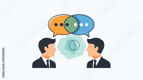 Two businessmen with overlapping speech bubbles representing communication, negotiation, and the exchange of ideas at work.