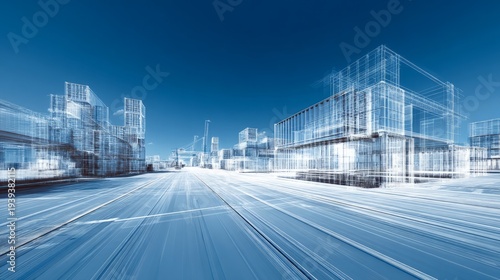 Abstract 3D Blueprint of a Transportation Warehouse with Grids and Structure