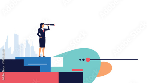 Businesswoman standing on a platform and using a telescope to look toward a city skyline for future growth and opportunity.