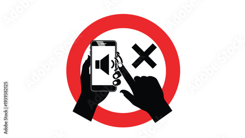 Warning sign showing a hand holding a mobile phone with a crossed out volume icon for no sound and quiet zones required.