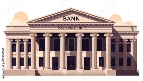 Classic bank building with columns and the text economic stability representing financial security and national banking.