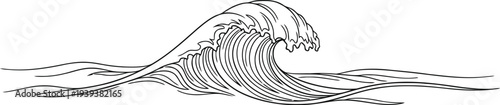 Stylized black and white line art drawing of a powerful ocean wave cresting
