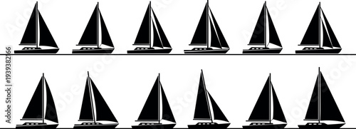 Sailboat silhouette collection set with different sailing yacht shapes isolated on white background, nautical marine transport vector illustration for ocean travel, sport sailing design