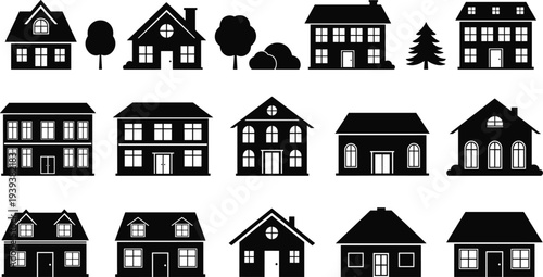 Set of black house silhouette icons, residential architecture vector, modern home design, building shapes, real estate symbols, urban housing collection