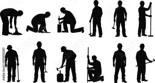Set of construction worker silhouette icons, labor tools vector, industrial job poses, manual work illustration, black occupational figures, building site graphics
