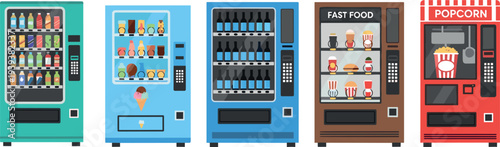 Vending machine collection with drinks snacks ice cream fast food and popcorn automatic dispenser vector illustration isolated on white background for retail service concept