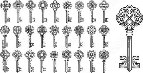 Vintage ornate skeleton key collection set with decorative antique key shapes, intricate line art vector illustration for locksmith, security, mystery, fantasy design elements