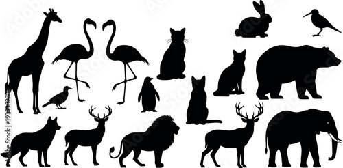 Wild animal silhouette collection featuring giraffe flamingo cat rabbit bear lion deer elephant and bird isolated vector set of wildlife and domestic animals
