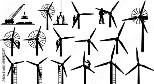 Wind turbine maintenance worker silhouettes set with technicians climbing ladders repairing windmills renewable energy industry vector illustration isolated on white background for sustainable power 