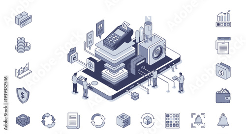 Isometric illustration of mobile payment processing and data management on a smartphone platform with workers.