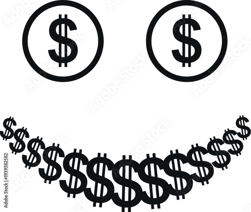 Happy smiley face made of dollar signs and coins representing wealth and success