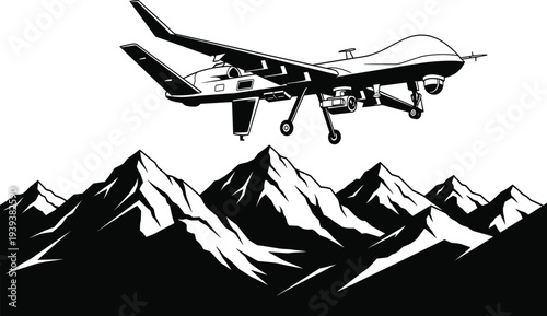 Black drone flying over snow capped mountains white aerial