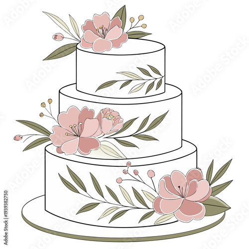 Three Tier Wedding Cake Pink Flowers Leaves Illustration Transparent Background