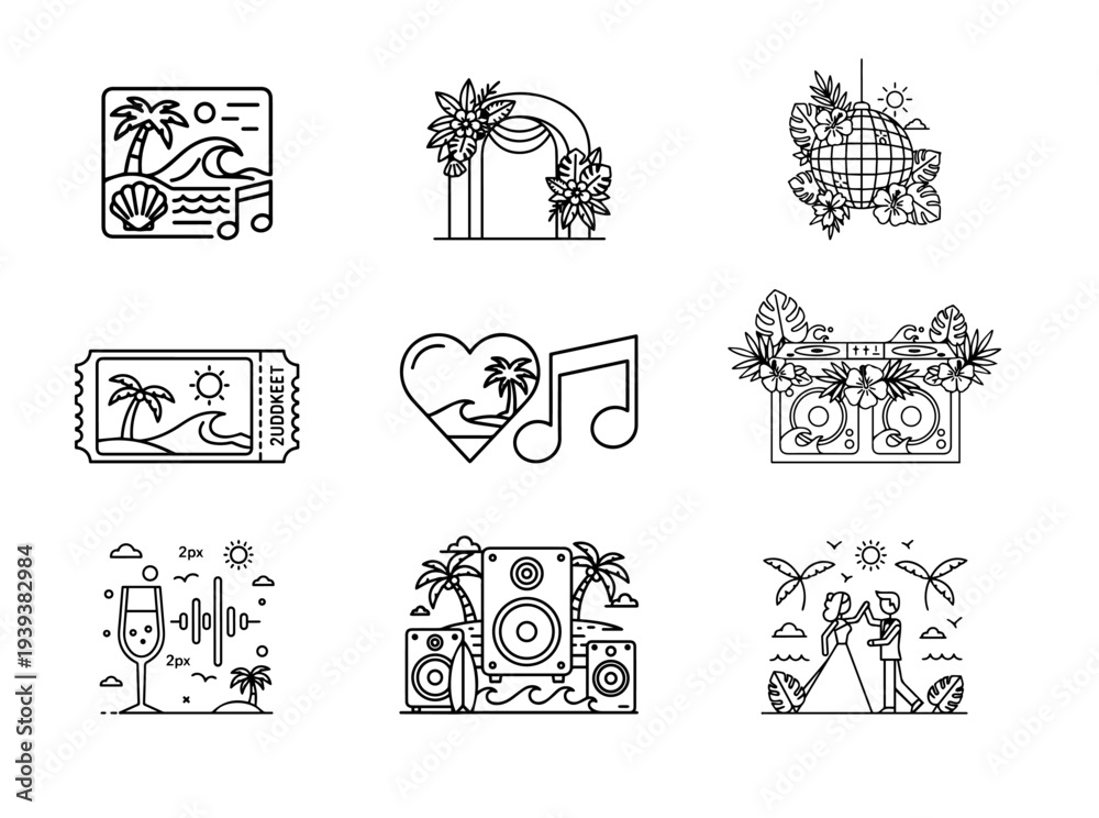 Fototapeta premium Minimal Beach Party DJ Line Icon Set