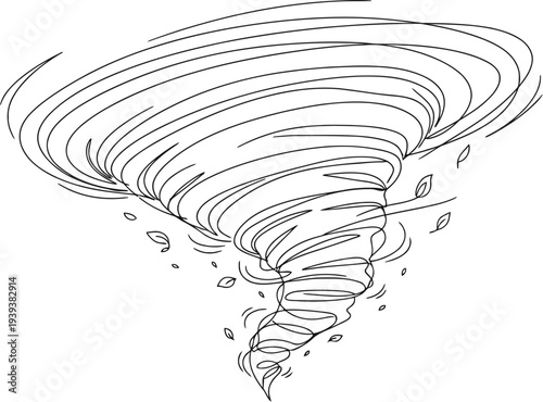 Stylized black and white line drawing of a powerful swirling tornado vortex