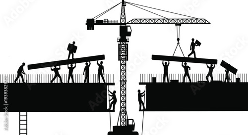 Construction workers building with crane and beams