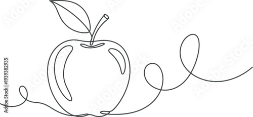 Minimalist single line drawing of an apple with a leaf and swirling tail