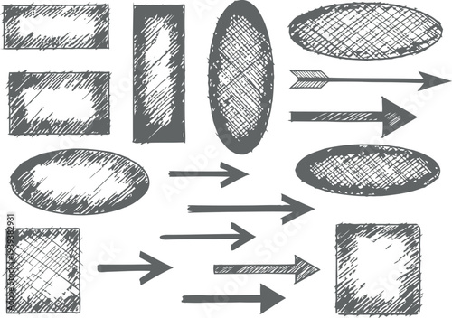 Collection of hand drawn sketchy rectangles ovals and arrows on white background