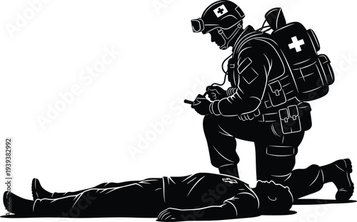Paramedic kneeling beside injured person on ground emergency medical rescue first aid