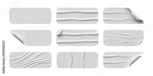 Blank white paper sticker mockup set with wrinkled textures and peeling curled corners vector illustration