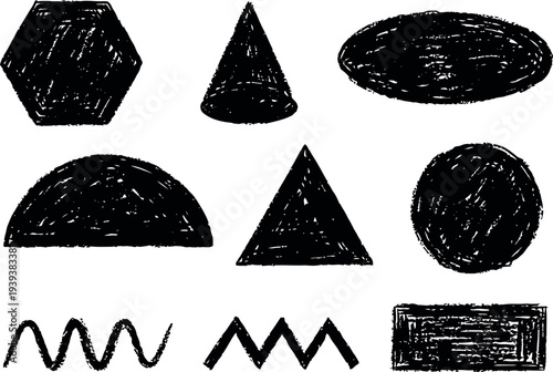 Collection of hand drawn black geometric shapes with textured scribble fill on white background