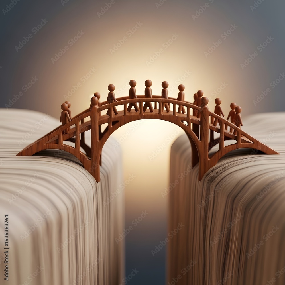 Obraz premium Wooden bridge on books, symbolizing knowledge and connection, education and learning concept